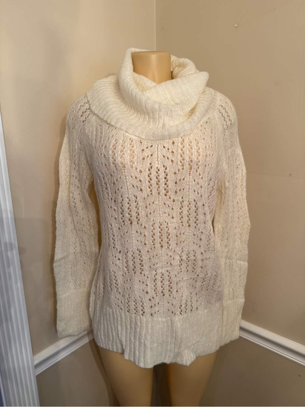 Elle Cream Open-Knit Cowl Neck Sweater